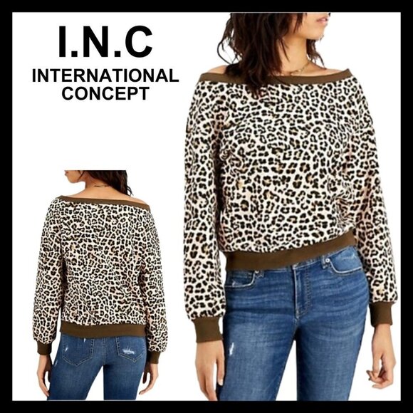 NWOT INC Leopard print off shoulders loose fit petite sweatshirt - Picture 1 of 12
